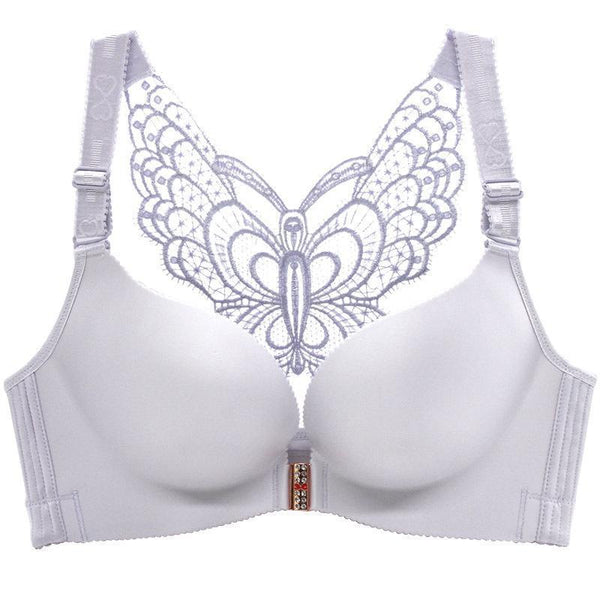 Front Closure Butterfly Embroidery Back Wireless Push Up Bra, Army